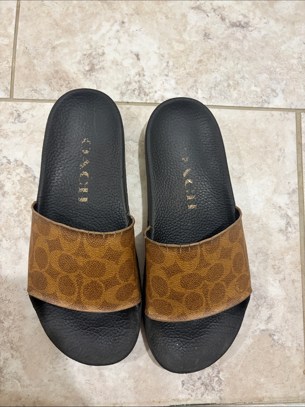 Coach Brown Signature Logo Slide Sandals with Black Footbed